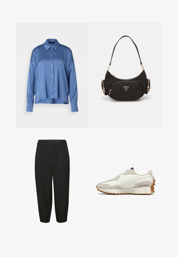 DRYKORN CLOELIA - Cămașă - blue-grey; Pantaloni negri călcați, cu talie înaltă, detalii cu pliu și picioare tapered, realizați dintr-un material fin și ușor.; Tenisici alba si bej cu un superior din piele neteda, accente din suede, varf rotund si o talpa din cauciuc texturat. Numele brandului imprimat pe lateral.; Geantă de umăr din țesătură neagră cu detalii din metal auriu, având un compartiment principal cu fermoar și două buzunare mici cu fermoar pe laturi.; Cercei rotunzi din argint cu un finisaj neted și strălucitor. Design ușor, având o formă rotundă și închidere cu tijă.