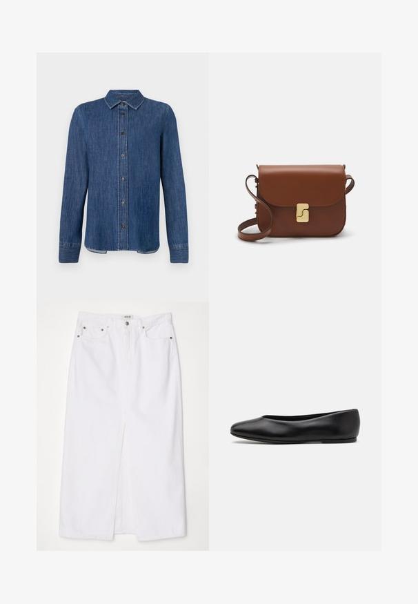 Donkerblauw denim overhemd met lange mouwen, knoopsluiting aan de voorkant, klassieke kraag en zichtbare stiksels. Heeft een rechte zoom met een lichte kromming aan de zijkanten.; Witte spijkerrok met een voorklep, vijf-pocket ontwerp, metalen knop- en ritsluiting, en gestikte zoomdetails.; Paul Smith TOPANGA - Ballerina's - black; Bruine leren handtas met een klep sluiting, gouden hardware, een schouderband en een gladde textuur. Compact rechthoekige vorm.