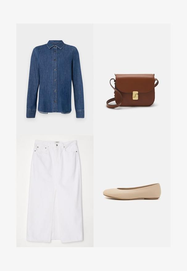 Camicia in denim blu scuro con maniche lunghe, chiusura con bottoni sul davanti, colletto classico e cuciture visibili. Presenta un orlo dritto con leggera curva ai lati.; Gonna di jeans bianca con spacco anteriore, design a cinque tasche, chiusura con bottone metallico e zip, e dettagli di orlo cuciti.; Ballerine in pelle beige con punta arrotondata, dettagli di cucitura minimi, tacco basso e logo discreto sul retro. Texture liscia e opaca.; Borsa a tracolla in pelle marrone con chiusura a pattina, hardware color oro, tracolla e una finitura liscia. Forma rettangolare compatta.