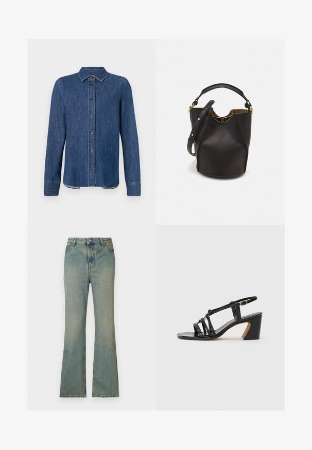 Tumši zilas džinsa krekls ar garām piedurknēm, pogām priekšā, klasisku apkakli un redzamajām šuvēm. Iezīmētais apakšmalas taisnais griezums ar vieglu izliekumu sānu pusēs.; Gai zila denima platās bikses ar augstu jostasvietu, piecām kabatām un rāvējslēdzi. Tīra, izbalējusi apdare ar smalkiem šuvumiem.; Paul Smith AMIRA - Klasiski papēži - black; Melnas ādas spainīša somas ar teksturētu apdari, zelta metāla aksesuāriem un atvērtu augšu. Piedāvā īsu rokturi un regulējamu plecu siksnu.