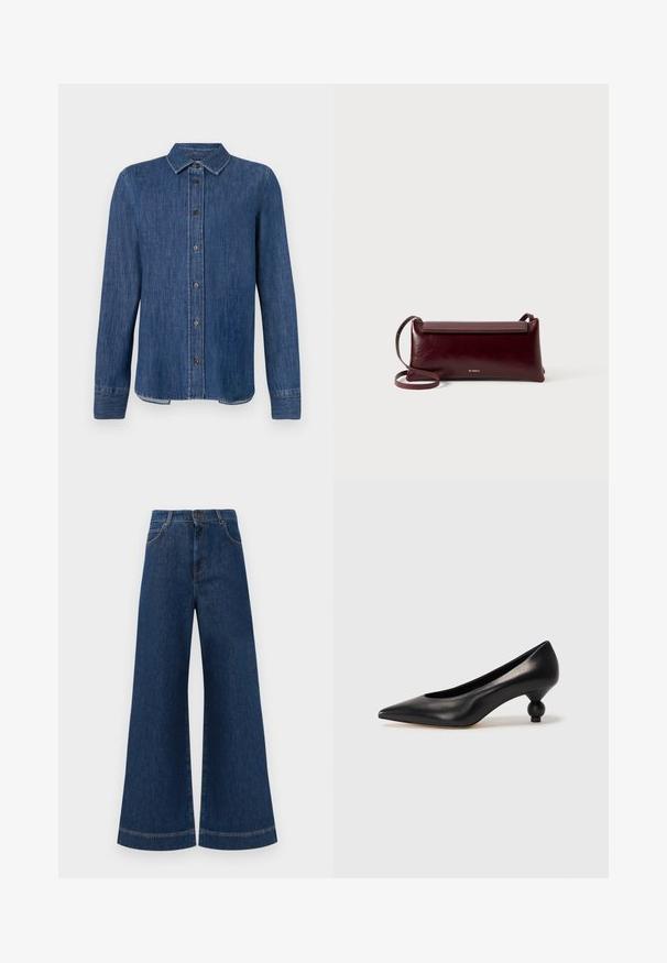 Camicia in denim blu scuro con maniche lunghe, chiusura con bottoni sul davanti, colletto classico e cuciture visibili. Presenta un orlo dritto con leggera curva ai lati.; Jeans in denim blu a gamba larga con vita alta, dotati di chiusura a bottone, passanti per cintura e dettagli di cucitura sottili lungo le tasche e i orli.; Scarpa con tacco alto in pelle nera, con punta affilata e tacco arrotondato e bombato. Texture liscia con un design elegante e minimalista.; Borsa a tracolla in pelle bordeaux con una texture liscia, forma rettangolare, chiusura a pressione e una sottile tracolla regolabile. Dettaglio del logo dorato visibile.