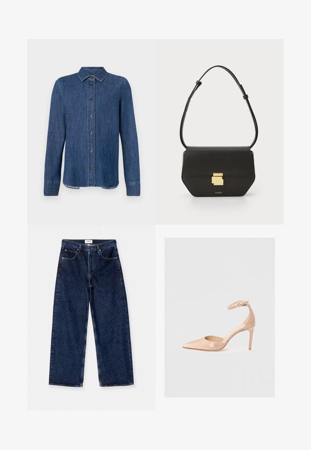 Camasa din denim albastru închis, cu mâneci lungi, deschidere cu nasturi în față, guler clasic și cusături vizibile. Prezintă un tiv drept cu o ușoară curbură pe laterale.; Blugi de denim bleu închis, cu picioare largi, care prezintă o talie înaltă, buzunare frontale și o textură netedă cu accente subtile de cusături.; Pantof nude din piele lacuită, cu vârf ascuțit, curea la gleznă și toc stiletto, având o textură netedă și un design minimalist.; CLOSED CLOSED ONE - Geantă crossbody - black