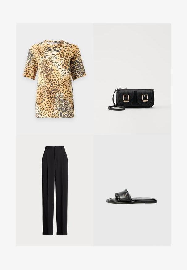 Bluză cu mânecă scurtă, cu imprimeu leopard, dotată cu guler rotund, material moale și croi lejer, punând în evidență diferite nuanțe de maro și negru.; Pantaloni negri, croiți pe măsură, cu talie înaltă, cu plii în față, design cu picior drept și tiv manșetat. Confecționați dintr-un material neted.; Sandal cu talpă plată din piele neagră, cu detaliu de curea împletită și un design elegant. Textură netedă și profil minimalist.; Geantă neagră din piele, tip crossbody, cu două buzunare frontale, catarame aurii, închidere cu fermoar și o curea subțire. Suprafață texturată și formă rectangulară compactă.