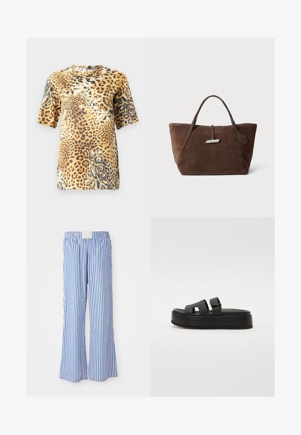 Bluzka z krótkim rękawem w serek w wzór panterki ma okrągły dekolt, miękki materiał i luźny krój, prezentując różne odcienie brązu i czerni.; Niebieskie i białe spodnie w paski o luźnym kroju, wykonane z lekkiego materiału, z elastycznym pasem i dyskretną metką z logo.; Czarne sandały na platformie z dwiema szerokimi paskami, wykonane z gładkiego materiału. Posiadają masywną podeszwę z teksturowanym dnem dla lepszej przyczepności.; Brązowa zamszowa torba na ramię z dwoma miękkimi uchwytami, pionowym paskiem z srebrnym akcentem i szerokim, otwartym wnętrzem. Gładka faktura, minimalistyczny design.