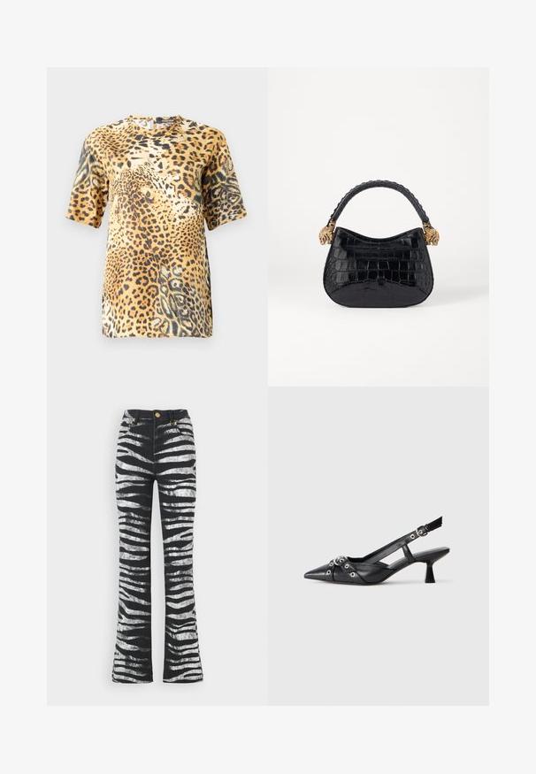 Lyhennepaidassa, jossa on leopardi-kuvio, on pyöreä kaula-aukko, pehmeä kangas ja rento istuvuus, joka esittelee erilaisia ruskean ja mustan sävyjä.; Roberto Cavalli Flared-farkut - nero/bianco; Mustat nahkakengät, joissa on avonainen takaosa ja kärjessä terävä muoto, koristevyöt, joissa on metalliset reiät, sekä matala lohkoepohja. Teksturoitu pinta.; Musta krokotiilinaarmutettu käsilaukku, jossa on kaareva muoto, sileä pinta ja kultaiset leijonapään korostukset kahvassa. Tyylikäs ja kompakti muotoilu.