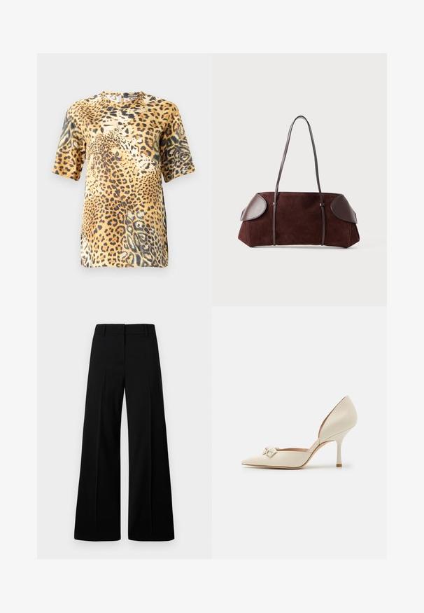 Blúzka s krátkym rukávom s leopardím vzorom má okrúhly výstrih, mäkkú látku a voľný strih, ktorý zobrazuje rôzne odtiene hnedej a čiernej.; Čierne široké nohavice s hladkou textúrou, štruktúrovaným pásom a prednými záhybmi. Minimalistický dizajn bez viditeľného kovania.; Béžové kožené lodičky na vysokom podpätku s špicatou špičkou, dekoratívnou mašľou a štíhlym podpätkom. Hladká textúra s lesklým povrchom.; Hnedá semišová taška s koženými akcentmi, štruktúrovaný tvar, dvojité ramenné popruhy a zaoblené okraje, s hladkou textúrou a minimálnym hardvérom.