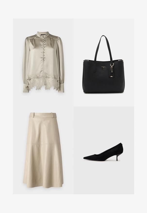 Bruuns Bazaar ACACIABBKATARA BLOUSE - Blúzka - plaza taupe; Béžová kožená midi sukňa s hladkou textúrou, širokým pásom a rozšíreným lemom; obsahuje šité švy pre dodatočný detail.; Čierne semišové lodičky s špicatou špičkou a úzkym, nízkym opätkom. Hladká textura s elegantným dizajnom, bez viditeľných kovových súčiastok.; Čierna taška cez plece vyrobená z textúrovaného syntetického materiálu, so zatahovacími popruhmi, zlatou logovou tabuľkou a malou značkou s akcentovou detailou.