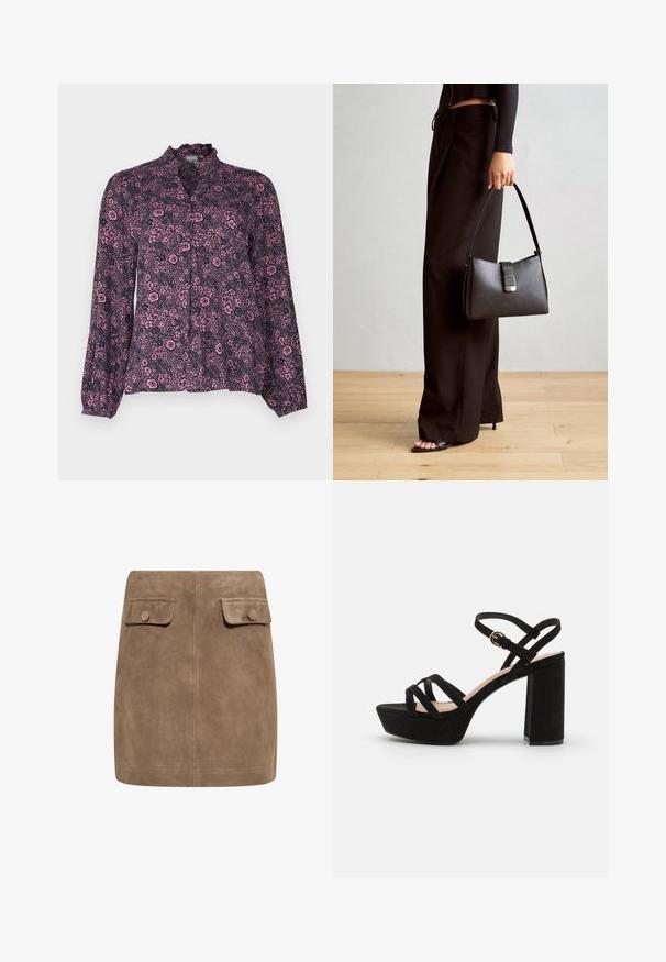 Gėlių bliuska tamsiai mėlynos ir rožinės spalvų, turinti volangų apykaklę, mygtukų uždarymą ir ilgus, raukšlėtus, laisvo kirpimo rankovės.; Ruda zomšinė mini sijonas su lygiu paviršiumi, turintis dvi priekinės kišenes su atverčiamais dangteliais ir mygtukų užsegimus kiekvienoje pusėje. Paprasta, tiesi konstrukcija.; Juodos zomšinės platformos šlepetės su storu kulnu, turinčios kryžminius įtempimo dirželius ir sagtimi reguliuojamą kulkšnies dirželį saugiam prigludimui.; Juodas rankinė struktūrizuota forma, lygi tekstūra ir metalinis užsegimas. Suporuota su plačiomis juodomis kelnėmis ir atvirais bateliais ant medinių grindų.