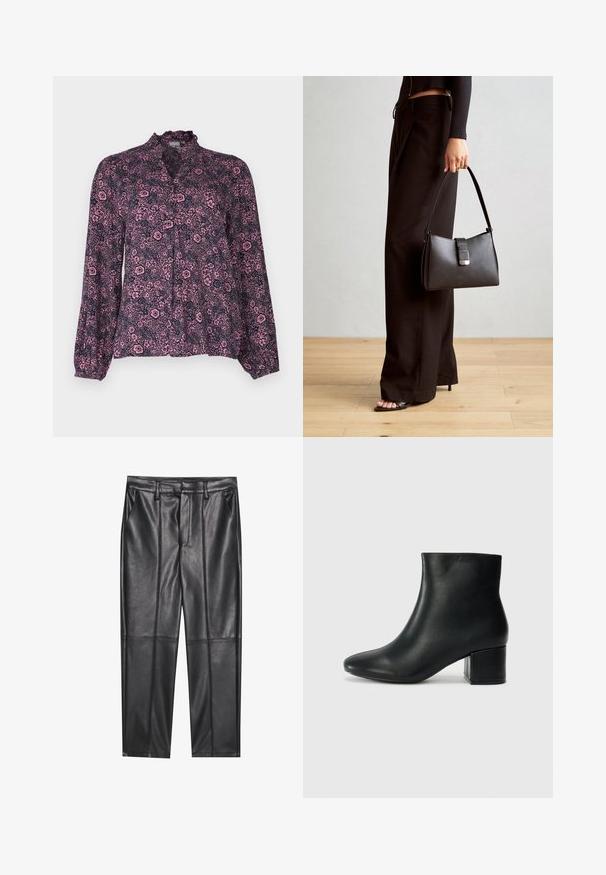 Ziedu blūze tumši ziliem un rozā toņiem, ar viļņotu apkakli, pogu aizdari un garām, savāktām piedurknēm ar brīvu piegriezumu.; Melni ādas bikses ar gludu tekstūru, taisnas piegriezuma, divi priekšējie kabatas un redzami šuvju izstrādājumi.; Melna ādas potīšu zābaki ar smailu purngalu un masīlu papēdi. Gluda tekstūra ar minimāliem akcentiem un gludu, pieguļošu dizainu.; Melnā somiņa ar strukturētu formu, gludu tekstūru un metālu sprādzi. Saskaņota ar platām melnām biksēm un sandālēm ar atvērtu purngalu uz koka grīdas.