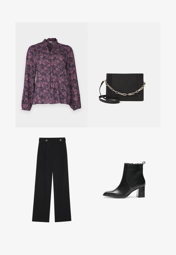 Květinová blůza v námořnické a růžové barvě, s volánkovým límcem, zapínáním na knoflíky a dlouhými, nabíranými rukávy volného střihu.; Černé široké kalhoty s vysokým pasem, detailní knoflíky na pase a přední záhyby.; Černá kožená kotníková bota s kulatou špičkou, středně vysokým blokovým podpatkem a poutkem na zadní straně. Hladká textura, minimalistický design.; Černá kožená crossbody taška s hladkým povrchem, obdélníkovým tvarem a kovovým řetízkem na přední straně. Součástí je nastavitelný popruh.