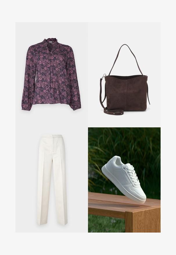 Blusa floreale in tonalità blu navy e rosa, con colletto arricciato, chiusura a bottoni e maniche lunghe gather con una vestibilità morbida.; Pantaloni color crema con vestibilità sartoriale, dotati di gamba dritta, tessuto liscio, pince frontali e orlo pulito. Design minimalista.; Sneaker bianco con tomaia in sintetico liscio, punta perforata, lacci piatti e suola testurizzata, esposto su una superficie di legno.; Borsa a spalla in suede marrone con una texture morbida, caratterizzata da una singola tracolla e un'apertura superiore leggermente curvata. Nessun dettaglio hardware visibile.