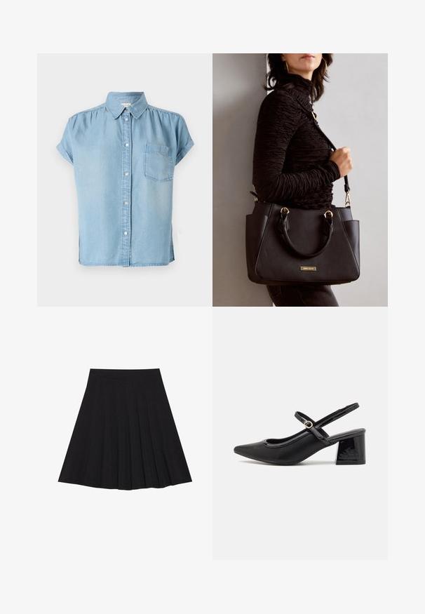 Light blue short-sleeve denim shirt with a button-up front, collar, and a left chest pocket. Soft texture and slightly relaxed fit.; Black pleated skirt made of textured fabric with a fitted waistband. Falls to knee length, featuring a smooth, clean silhouette.; Black patent leather slingback heels with a pointed toe, a rounded cutout design, and a block heel. Features a gold-tone buckle accent.; Black handbag with textured surface, dual top handles, and adjustable shoulder strap. Features gold-tone hardware and side pockets.