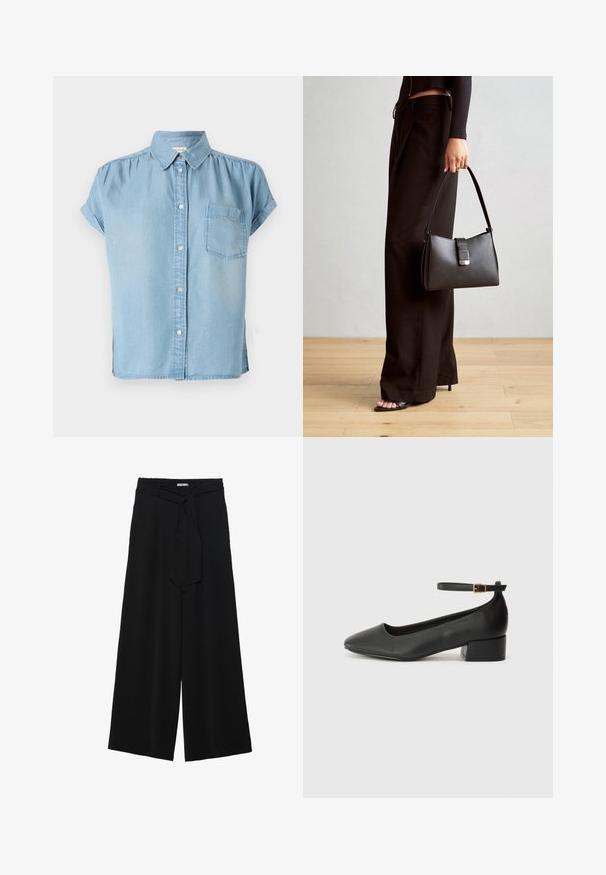 Lyseblå kortermet denimskjorte med knappestolpe foran, krage og lomme på venstre bryst. Myk tekstur og litt avslappet passform.; Svart vide bukser med teksturert stoff, elastisk midje og avtagbart belte som gir justerbar passform.; Sorte skinnpumper med spiss tå og lav blokkhelt. Har ankelrem med gullfarget spenne. Glatt tekstur.; Svart håndveske med strukturert form, jevn tekstur og metallisk lås. Kombinert med brede svarte bukser og sandaler med åpen tå på tregulv.