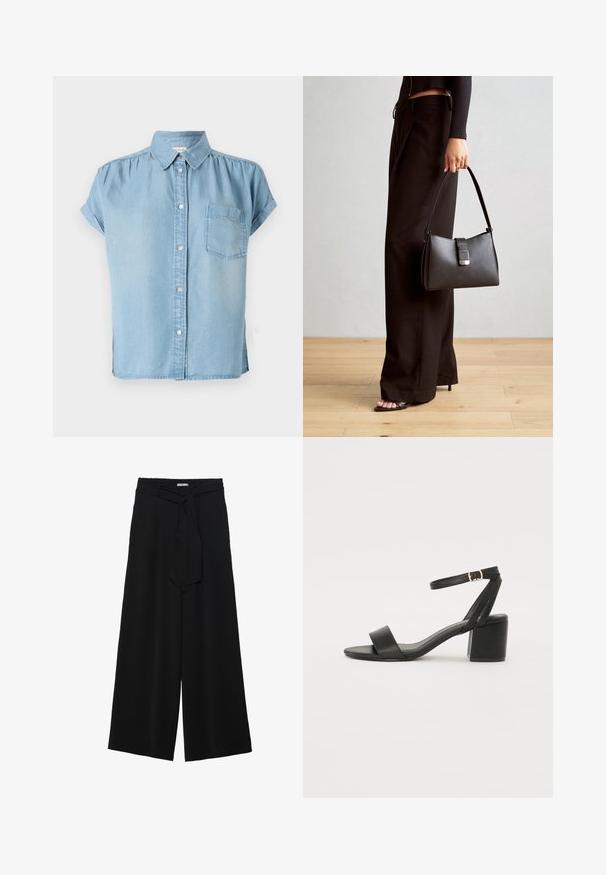 Απαλή ανοιχτό μπλε τζιν πουκάμισο κοντομάνικο με κουμπιά μπροστά, γιακά και αριστερή τσέπη στο στήθος. Μαλακή υφή και ελαφρώς χαλαρή γραμμή.; Μαύρο παντελόνι με φαρδιά πόδια, φτιαγμένο από υφασμάτινη ύλη με υφή, με ελαστική μέση και αποσπώμενη ζώνη στη μέση για ρυθμιζόμενη εφαρμογή.; Μαύρη σандάλια με τακούνι, που διαθέτει πάνα λείο δέρμα στην επάνω πλευρά, ανοιχτό μπροστινό μέρος, φαρδιές μπροστινές λωρίδες και ρυθμιζόμενη λωρίδα στον αστράγαλο με χρυσή αγκράφα.; Μαύρη τσάντα χειρός με δομημένο σχήμα, λεία υφή και μεταλλικό κούμπωμα. Συνδυασμένη με φαρδιά μαύρα παντελόνια και σανδάλια ανοιχτής μύτης πάνω σε ξύλινο πάτωμα.