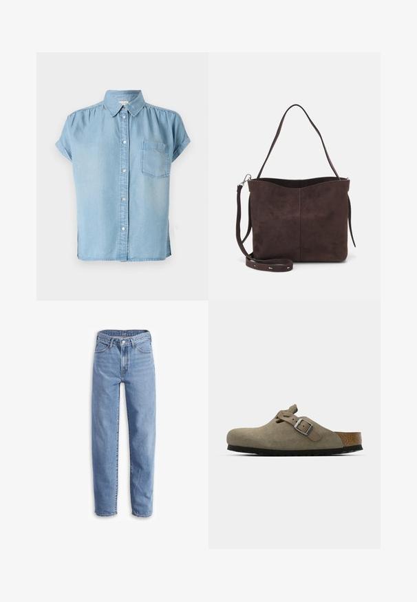 Világoskék, rövid ujjú farmering, gombos elülső részzel, gallérral és bal mellzsebbel. Puha tapintású és enyhén laza szabású.; Világoskék, farmerből készült, laza szabású, egyenes lábú nadrág, öt zsebes dizájnnal és szaggatott szegélyekkel a sportos megjelenésért.; Bársony klumpák világos olíva zöld színben, formázott parafa és gumitalppal. Oldalszíjjal és fém csattal rendelkezik, valamint lekerekített orra van.; Barna velúrbőr táska puha tapintással, egyetlen vállpánttal és finoman ívelt felső nyitással. Nincs látható fémrész.