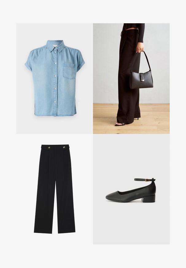 Vaaleansininen lyhythihainen farkkupaita, jossa on nappisuljenta edessä, kaulus ja vasemmassa rintataskussa. Pehmeä kangas ja hieman rento istuvuus.; Mustat leveälahkeiset housut, joissa on korkea vyötärö, napit vyötärönauhassa ja etupuolella laskokset.; Mustat nahkakengät, joissa on terävä kärki ja matala lohkare korko. Varustettu nilkkahihnalla, jossa on kultasävyinen solki. Lisää sileä pinta.; Musta käsilaukku, jossa on rakenteellinen muoto, sileä pinta ja metallinen solki. Yhdistetty leveisiin mustiin housuihin ja avonaiheisiin sandaaleihin puulattialla.