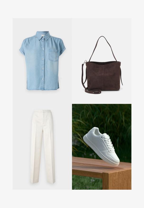 Svijetloplava traper košulja kratkih rukava s dugmadi na prednjem dijelu, ovratnikom i lijevim džepom na prsima. Mekana tekstura i blago opušteni kroj.; Hlače kremaste barve s krojem po meri, vsebujejo ravno nogavico, gladko blago, sprednje naborke in čist rob. Minimalističen dizajn.; Bela teniska s gladkim sintetičnim zgornjim delom, perforiranim prednjim delom, ravnimi vezalkami in teksturiranim podplatom, prikazana na leseni površini.; Rjava gamoška torba z mehkobo teksturo, ki ima en samo ramenski trak in subtilno ukrivljen zgornji del. Brez vidnih kovinskih detajlov.