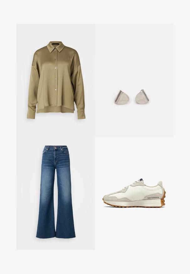 DRYKORN CLOELIA - Skjorta - green; Breda denimjeans i mörkblått, med hög midja, subtil blekning och rå kant. Tillverkade av standard denimmaterial.; Vit och beige sneaker med ovandel i slätt läder och mockadetaljer. Har runda snören, en dämpad sula och en texturerad gummiyttersula.; Silverfärgade metallörhängen med en slät, tårformad design och en polerad yta. Subtila gravyrer tillför detaljer. Minimalistisk design.
