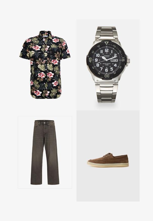 Kortermet svart skjorte med et livlig blomsterdesign i rødt, rosa og grønt, med krage som kan kneppes ned og en brystlomme.; Videbukser i mørkegrå denim, med høj talje, klassisk fem-lomme design og kontrasterende syninger langs sømmene.; Brune semskede sko med lav profil, snøredesign, gummisåle og kontrasterende sømdetaljer. Enkelt og funksjonelt design.; Metall kvartsur med svart urskiva, vita siffror och datavisning. Har ett armband i rostfritt stål och är vattentåligt upp till 100 meter.