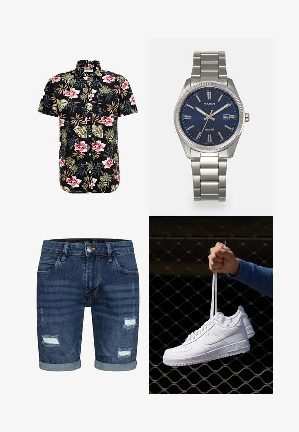 Schwarz kurzärmliges Hemd mit einem lebhaften Blumenmuster in Rot, Pink und Grün, ausgestattet mit einem Button-Down-Kragen und einer Brusttasche.; Dunkelblaue Denim-Shorts mit umgeschlagenen Säumen, die auf der Vorderseite abgerissene Details mit ausgefransten Kanten aufweisen. Fünf-Taschen-Design mit Knopfverschluss.; Weiße Leder-Sneaker mit Perforationen, runder Zehenpartie, flacher Sohle und dicken Schnürsenkeln, mit sichtbar eingesticktem Swoosh-Logo und "AIR" an der Ferse.; Silberner Armbanduhr aus Edelstahl mit einem dunkelblauen Zifferblatt, metallischen Stundenmarkierungen und einem Datumsfenster bei 3 Uhr. Wasserdicht bis 50 Meter.