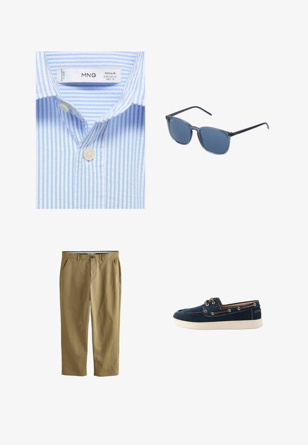 Hellblau gestreift mit Weiß, klassisches Hemd mit Kragen, ausgestattet mit zwei weißen Knöpfen vorne und einem Etikett, das Größen- und Markeninformationen anzeigt.; Khakifarbene Chinos aus Baumwollmischung, mit zwei Seitentaschen, einem Knopfverschluss, geradem Bein und glatter Textur.; Marineblaue Bootsschuhe aus Stoff mit weißen Nähten und einer Gummisohle. Verfügt über braune Schnürsenkel und Ösen. Rundes Zehen-Design.; Blaue rechteckige Sonnenbrille mit grauen getönten Gläsern, Kunststoffrahmen, metallischen Akzenten und matter Oberfläche an den Bügeln.