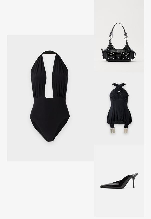 Zwarte haltertop met geplooid materiaal, vierkante halslijn en elastische accenten. Heeft een rits aan de voorkant en unieke decoratieve hardware aan de zoom.; Zwarte monokini met een halternekontwerp, diepe uitsnijding aan de voorkant, gathered stof bij de buste en een gladde textuur.; Zwarte gepatineerde leren hoge hak muiltjes met een spitse neus en een slanke silhouet, met een open achterkant en een slanke stilettohak.; Zwarte lederen handtas met een gebogen ontwerp, voorzien van zilveren studs, een gesp en twee zijvakken. Verstelbare schouderband voor verschillende draagmogelijkheden.