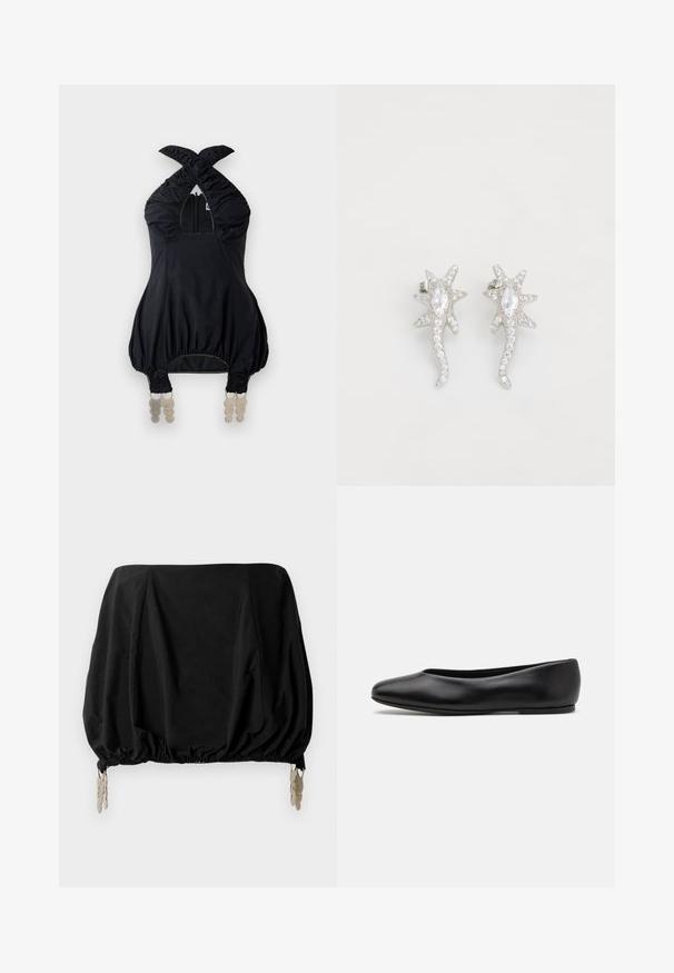 Top halter negro con tela fruncida, escote cuadrado y acentos elásticos. Presenta un cierre en la parte delantera y un hardware decorativo único en el dobladillo.; Top corto negro con un diseño fruncido, que presenta un dobladillo elástico y clips metálicos como acentos. Está hecho de una tela ligera.; Paul Smith TOPANGA - Bailarinas - black; Pendientes en forma de estrella plateada con picos texturizados, que presentan rhinestones transparentes y una piedra central de corte marquesa.