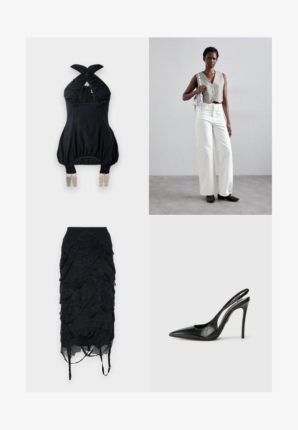 Sort halterneck-top med samlet stof, firkantet udskæring og elastiske detaljer. Har en lynlås foran og unikt dekorativt udstyr ved kanten.; Sort nederdel med lagdelte blondeaccenter, en tætsiddende talje og justerbare stropper. Designet inkluderer et bølge-lignende mønster gennem det hele.; Sort slingback pumpe med spids tå, tekstureret slangemønster, stilettahæl og en dekorativ spænde på stroppen.; Grå cropped vest med knapper, parret med hvide wide-leg jeans og sorte flade sko. Accepteret med en lille sølv frynse taske.
