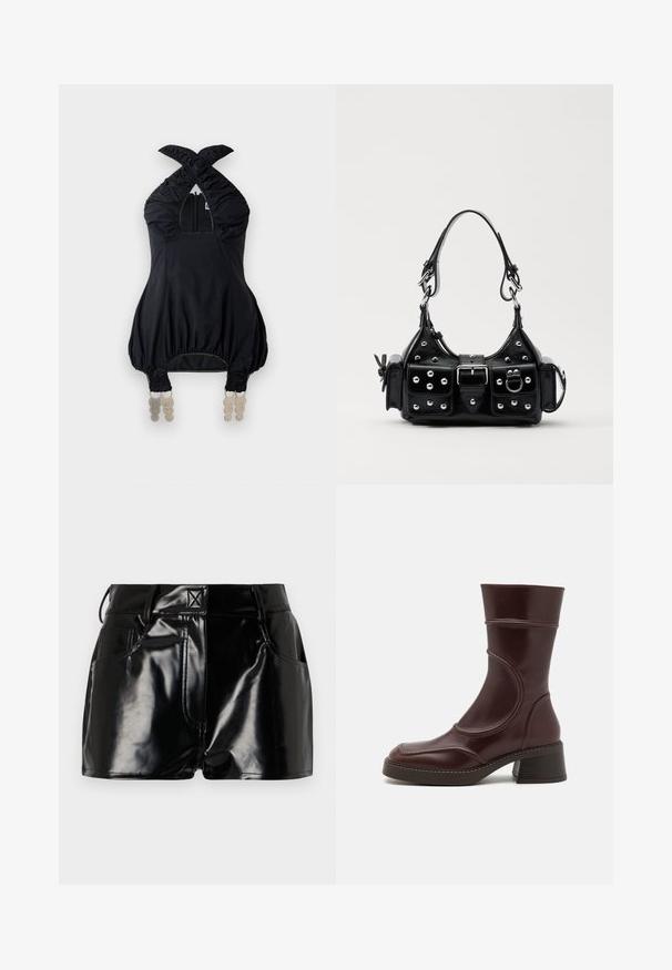 Top nero con scollatura a quadrato, realizzato in tessuto arricciato e con dettagli elastici. Presenta una zip frontale e un particolare hardware decorativo sull'orlo.; Shorts neri e lucidi realizzati in materiale sintetico. Presentano una vita aderente, passanti per la cintura e tasche frontali con evidenti dettagli di cucitura.; MIISTA MALENE - Stivaletti - brown; Borsa a mano in pelle nera con design curvo, caratterizzata da borchie argentate, una fibbia e due tasche laterali. Tracolla regolabile per diverse opzioni di trasporto.