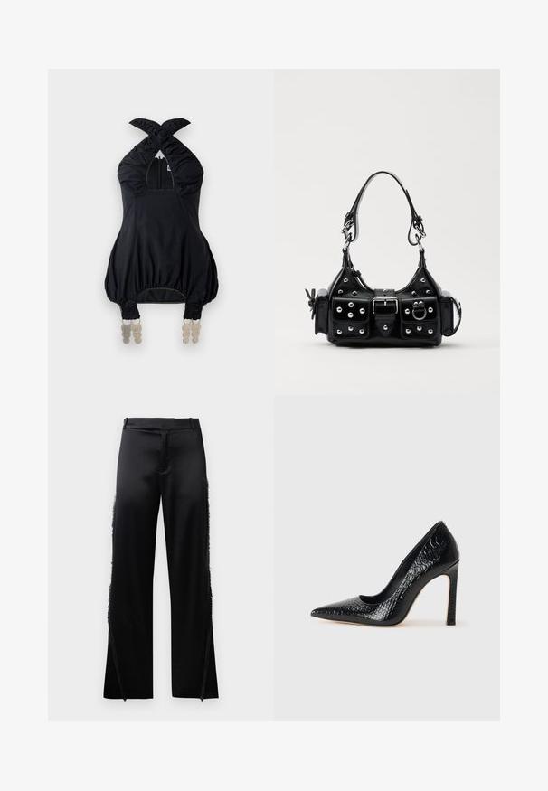 Juodas halterio stiliaus viršus su surinkta medžiaga, keturkampiu iškirpimu ir elastingais akcentais. Yra priekinis užtrauktukas ir unikali dekoratyvinė aparatūra apatinėje dalyje.; Juodos satino kelnės su plačiomis kojomis, kurių šoninėse siūlėse yra kutai, o priekyje – plokščias juosmuo. Paprastas galas be kišenių.; Juoda smailiakulnė aukšto kulno bateliai su krokodilo odos tekstūra, pasižymintys elegantišku dizainu, aukštu stiletu kulnu ir lygia juoda vidine dalimi.; Juodas odinis rankinukas su kreiviu dizainu, su sidabro spalvos knopkėmis, užsegimu ir dviem šoninėmis kišenėmis. Reguliuojama dirželis nešimui.