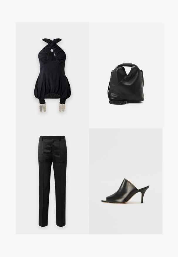 Crna halter majica s nabranim materijalom, kvadratnim izrezom i elastičnim detaljima. Ima prednji patent zatvarač i jedinstveni ukrasni hardver na rubu.; Crne krojene hlače ravnih nogavica s pojasom s petljama za remen, koje sadrže kombinaciju mat i sjajnih materijala.; Crne kožne mule otvorenih prstiju s elegantnim, zakrivljenim dizajnom, visokim štiklama i glatkom teksturom. Unutrašnjost sadrži kontrastnu svijetlu boju.; Crna, meka kožna torba s jedinstvenim uvijenim dizajnom. Ima kratku ručku i odvojivi naramenicu. Minimalistički stil.