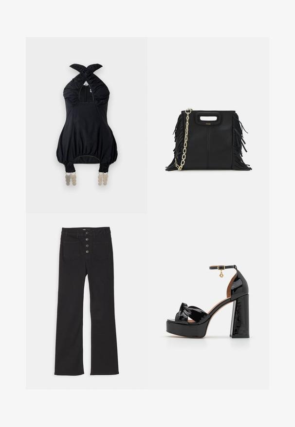 Sort halterneck-top med samlet stof, firkantet udskæring og elastiske detaljer. Har en lynlås foran og unikt dekorativt udstyr ved kanten.; Sorte denim flare jeans med høj talje, fem-pockets design og lukning fortil med fire metalknapper.; Maje Højhælede sandaletter / Højhælede sandaler - noir; Sort læder skuldertaske med frynse-detaljer, guldkæde skulderrem og udskåret håndtag. Har logo placeret på forsiden.