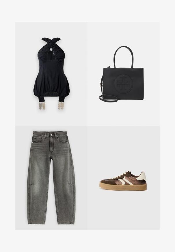 Black halter-top with gathered fabric, square neckline, and elastic accents. Features a front zipper and unique decorative hardware at the hem.; High-waist grey washed denim jeans with five pockets, button closure, and a relaxed straight-leg fit.; Brown and cream sneakers with a combination of suede and satin materials, featuring three diagonal stripes and a textured gum sole.; Black handbag made of smooth material with dual handles, a detachable shoulder strap, and a round embossed logo detail on the front.