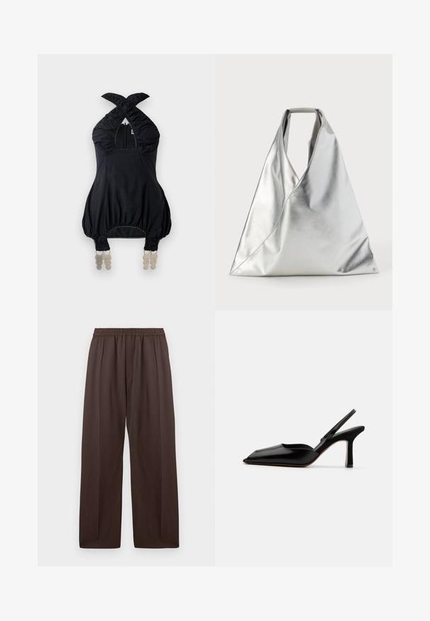 Juodas halterio stiliaus viršus su surinkta medžiaga, keturkampiu iškirpimu ir elastingais akcentais. Yra priekinis užtrauktukas ir unikali dekoratyvinė aparatūra apatinėje dalyje.; Rudos plačios kojinės kelnės su elastiniu juosmeniu ir nežymiais priekiniais raukšlėmis, pateiktos plokščiai prieš baltą foną.; Juodas odinis slingback kulnas su smailiu nosiu, minimalizmo stilius, plonas kulkšnies dirželis ir elegantiškas stiletto kulnas. Lygus paviršius.; MM6 Maison Margiela CLASSIC JAPANESE HANDBAG - Rankinė - silver-coloured