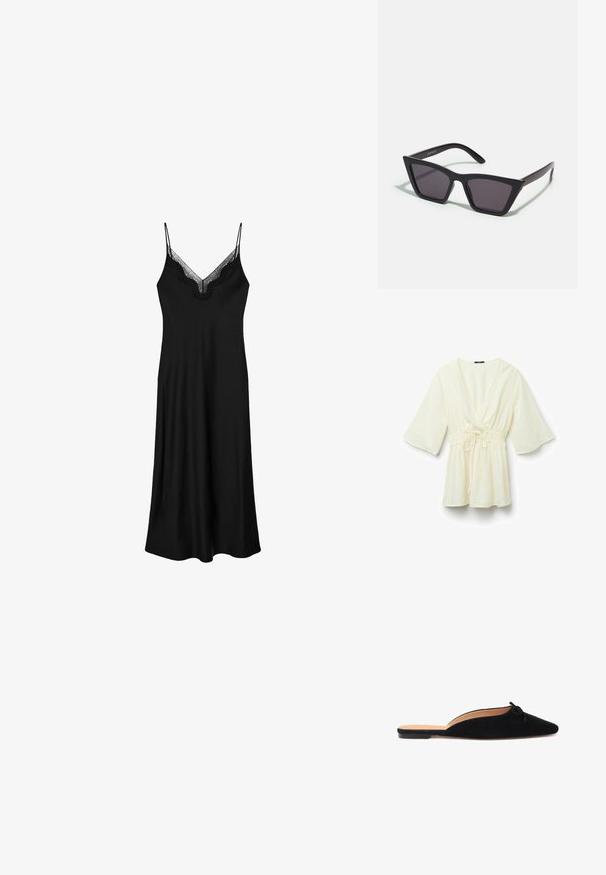Cremfarbige Wickelbluse mit kurzen, ausgestellten Ärmeln, strukturiertem Stoff und elastischem Taillenband. Sie verfügt über einen V-Ausschnitt und einen lässigen Schnitt.; Schwarzes ärmelloses Kleid mit dünnen Trägern, das einen mit Spitze verzierten V-Ausschnitt und eine fließende Silhouette bietet, aus weichem Material gefertigt.; Schwarze Wildlederschlupfschuhe mit einer spitzen Zehe und einer kleinen dekorativen Schleife auf dem Vorderblatt, mit einer flachen Sohle und offener Ferse.; Schwarze, eckige Sonnenbrille mit grauen Gläsern; aus Kunststoff gefertigt, mit dicken Bügeln, die eine glatte Oberfläche und keine sichtbaren Beschläge haben.; Häkelbeutel in hellem Beige, mit einem strukturierten Muster. Goldene Kettenriemen, mit dekorativen Nieten entlang der Kanten für zusätzliche Details.