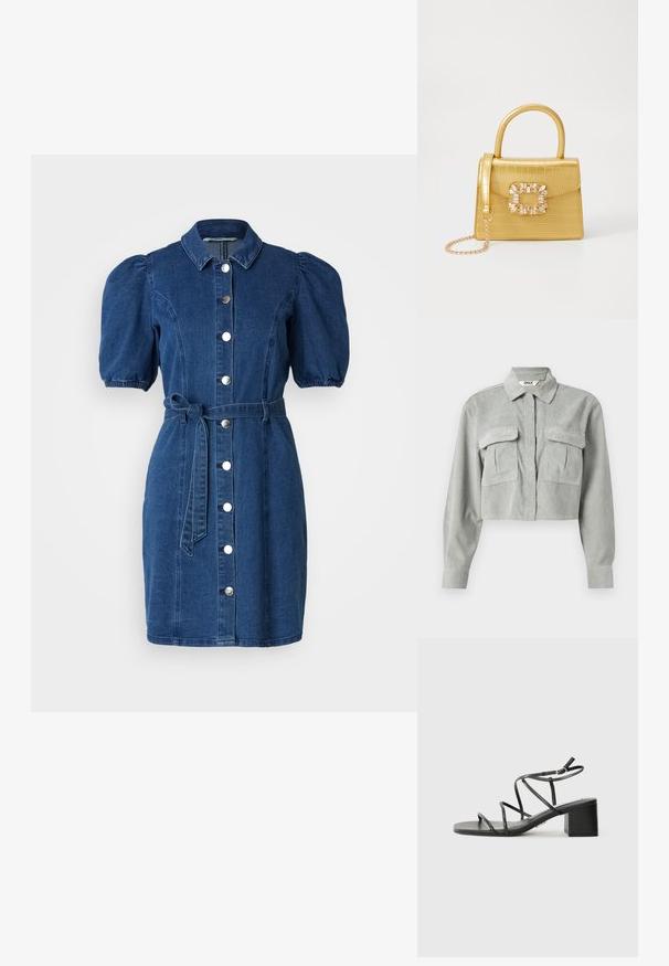 Przycięta szara koszula z sztruksu z długimi rękawami, dwiema kieszeniami na piersi i spiczastym kołnierzykiem. Tkanina ma subtelny wzór teksturowy.; Sukienka dżinsowa w ciemnym niebieskim kolorze z krótkimi bufkami, kołnierzykiem, zapięciem na guziki z przodu oraz paskiem w talii do związania. Gładka tekstura.; Czarne sandały na obcasie z kwadratowym noskiem, wykonane z gładkiego materiału. Mają regulowane paski na kostce oraz minimalne elementy ozdobne.; Żółta torebka z faux-krokodylka o wyrafinowanej konstrukcji, z górnym uchwytem, odpinanym łańcuszkiem oraz dekoracyjnym kryształowym zdobieniem na zapięciu.