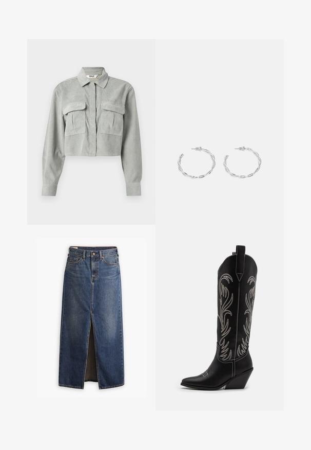 Cropped gray corduroy shirt with long sleeves, two chest pockets, and a pointed collar. The fabric has a subtle textured pattern.; Levi's® ANKLE COLUMN SKIRT - Maxi skirt - wave hello; Black leather cowboy boots with pointed toes, wedge heels, and silver embroidered floral patterns along the shaft. Contrast stitching throughout.; Silver hoop earrings with a twisted design, featuring a polished finish and post-back closure. Measure approximately 3 cm in diameter.