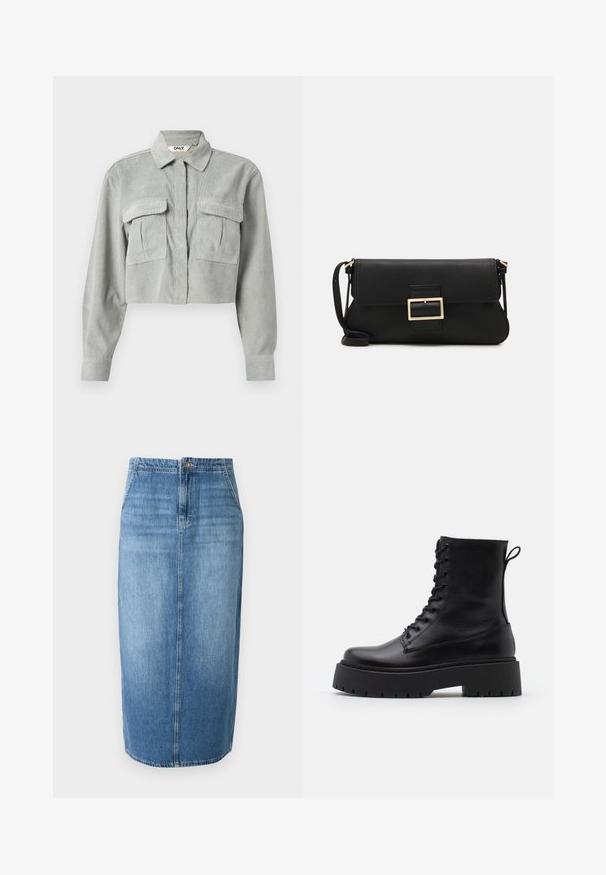 Trumpu pilkos veliūro marškiniai su ilgomis rankovėmis, dviem krūtinės kišenėmis ir smailiu apykakle. Audinys turi subtilų tekstūrinį raštą.; Šviesiai mėlyna džinsinė pieštuko sijonas su tiesiu siluetu, priekiniais mygtukais ir subtiliu blukimu. Apačia siekia virš kelių.; Juodos odinės aulinukės su apvalia nosimi, raišteliais priekyje ir storesniu guminio pado apačioje su tekstūruotu raštu. Priekyje yra kilputė.; Juodas odinis dėkliukas su atvarteliu ir auksinės metalinės sagties detalėmis. Įeina juodas diržas ir elegantiškas, minimalistinis dizainas.; Aukso spalvos žiedo auskarai, ploni ir apvalūs, su lygiu metaliniu paviršiumi be papuošimų ar raštų.