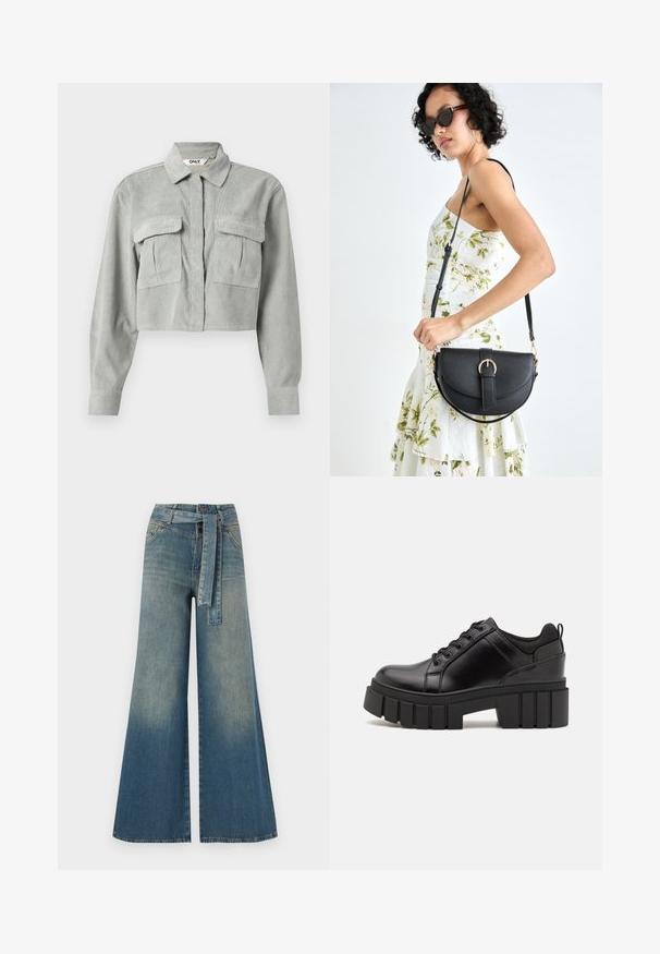 Cămașă din catifea gri tăiată, cu mâneci lungi, două buzunare la piept și o guler ascuțit. Țesătura are un model texturat subtil.; Pantaloni din denim largi, cu un gradient de la albastru deschis la albastru închis, talie înaltă, bucle pentru curea și o curea din același material. Finisaj texturat din denim.; Pantofi cu talpă plată din piele neagră, cu toc gros, vârf rotund și design tradițional cu șireturi. Prezintă o textură netedă și detalii minime.; Geantă din piele neagră, cu o formă curbată, curea detașabilă și accesorii aurii. Geanta are un capac cu un detaliu tip cataramă.