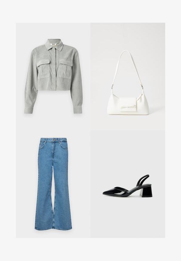 Camisa de corduroy cinza cropped com mangas longas, dois bolsos no peito e colarinho pontudo. O tecido tem um padrão texturizado subtil.; Jeans de brim azuis claros, com corte à boca de sino, apresentando uma cintura alta, cinco bolsos e um fecho de botão único. Textura macia com acabamento desbotado.; Sandy em verniz preto com salto slingback, ponta afilada e salto geométrico. Apresenta um design elegante e minimalista com textura suave.; Mala sintética branca com formato triangular, aba frontal plana e detalhe de laço, alça ajustável, textura suave e design minimalista.