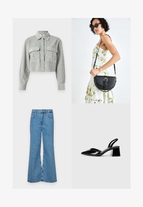 Lühendatud hallist karedast kangast särk pikkade varrukatega, kahe rinnataskuga ja terava kraega. Kanga pinnal on peen tekstuuriline muster.; Heledad sinine flared teksade rõivad, millel on kõrge talje, viis taskut ja üks nupulukk. Pehme tekstuur ja pleekinud viimistlus.; Mustad musta lakknahk kingad, millel on terav varvas ja geomeetriline plokkkonts. Omab elegantselt minimalistlikku disaini ja sujuvat tekstuuri.; Mustmust mustraha kõverate joontega, eemaldatava rihmaga ja kuldsete detailidega. Kotil on klapp, millel on pandladetail.