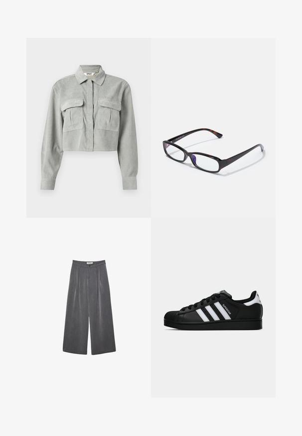 Przycięta szara koszula z sztruksu z długimi rękawami, dwiema kieszeniami na piersi i spiczastym kołnierzykiem. Tkanina ma subtelny wzór teksturowy.; Plisowane spodnie o szerokich nogawkach w ciemnoszarym materiale z subtelną teksturą. Posiadają zapięcie na guzik oraz klasyczny krój pasa.; Czarne sneakersy Adidas Superstar z białymi paskami, noskiem w kształcie muszli i napisem "Superstar" na boku, zaprezentowane w profilu bocznym na białym tle.; Prostokątne okulary o wzorze w muszki, czarna plastikowa oprawka i przezroczyste soczewki. Charakteryzują się cienkimi zausznikami i lekkim zakrzywieniem na końcach.; Torba hobo w miękkim beżowym zamszu o luźnym kształcie, szerokim pasku na ramię i ręcznie szytym szczególe na przedzie.