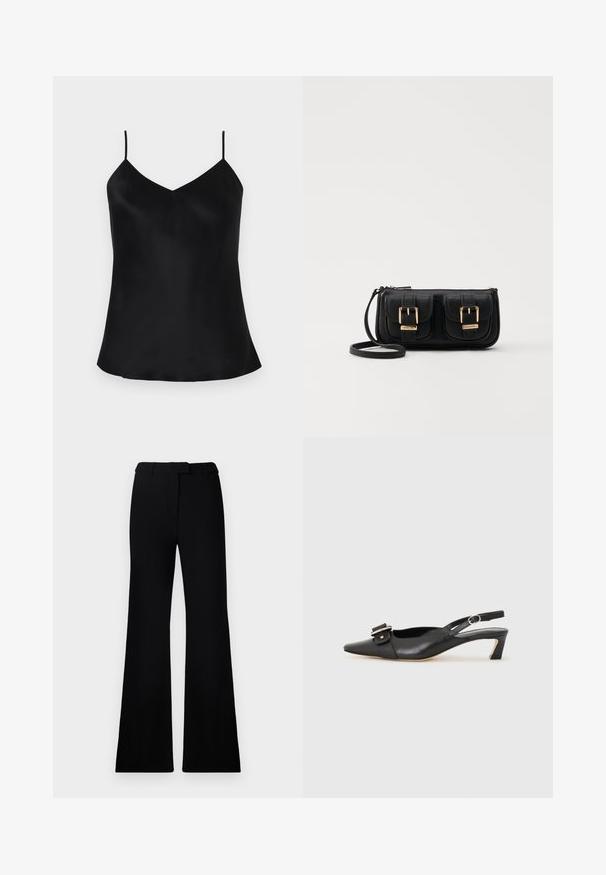 Svart satin cami topp med justerbare tynne stropper, V-hals design og en jevn, draperende passform. Kantene buer forsiktig ved sidene.; Sorte vide bukser med jevn tekstur, skreddersydd linning og frontlommer, designet med en slank, moderne silhuett.; Svarte skinn slingback-sko med spiss tå, liten hæl og dekorativ spenne-detalj på overdelen. Glatt tekstur, minimalistisk design.; Svart skinn crossbody veske med to frontlommer, gyldne spenner, glidelåslukking og en slank stropp. Teksturert overflate og kompakt rektangulær form.