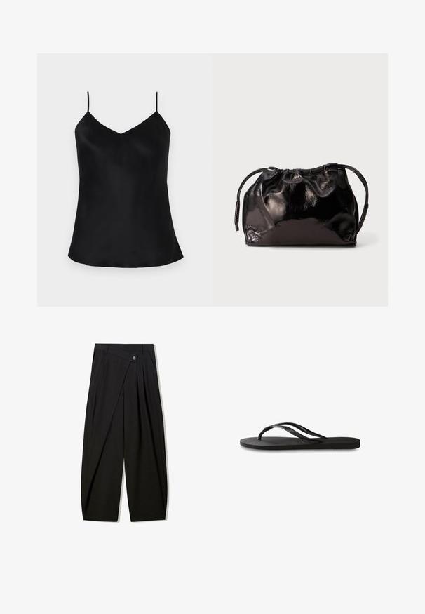 Top in satin nero con spalline sottili regolabili, design a V e una vestibilità morbida e fluida. I bordi curvano delicatamente ai lati.; Pantaloni neri a gamba larga realizzati in tessuto morbido, con pieghe frontali, chiusura con bottone e un design sartoriale per una silhouette ben definita.; Infradito neri con suola in gomma testurizzata, due cinghie sottili e un sottile dettaglio del logo impresso sulla cinghia.; Piccola sacca a drawstring in pelle nera lucida con manici corti su uno sfondo grigio chiaro.