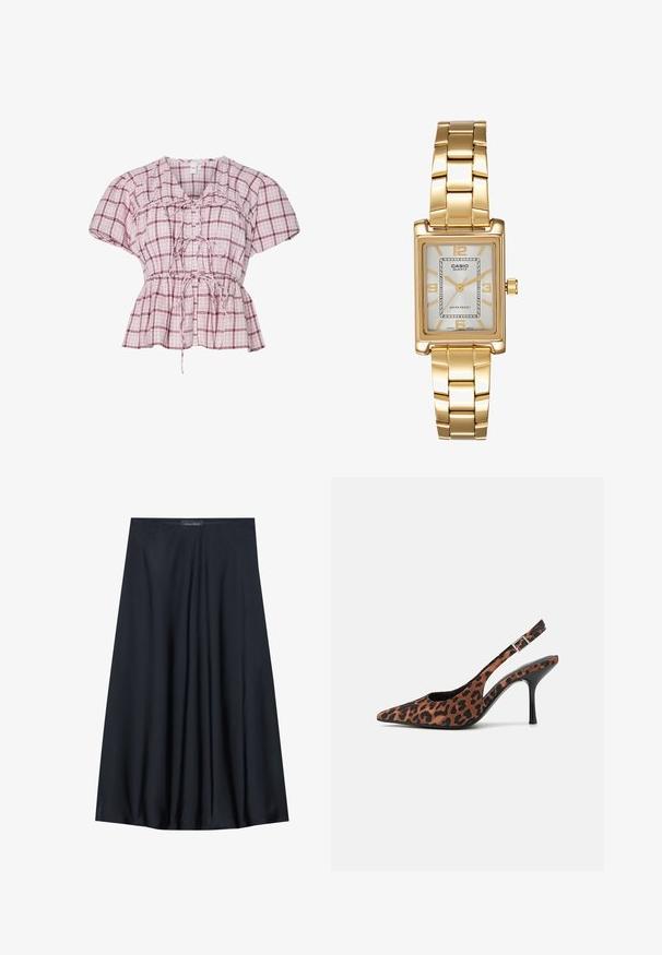 Peplum-Bluse mit kurzen Ärmeln im hellrosa und weißen Karomuster. Verfügt über eine Bindefront, Raffung an der Taille und aus weichem Baumwollmaterial.; Schwarzer, knielanger Rock aus leichtem Material mit fließendem Design. Verfügt über eine glatte Textur und subtile Falten für zusätzliche Details.; Leopardenmuster Slingback-High-Heels mit spitzem Zehenbereich, glänzendem schwarzen Absatz und verstellbarem Knöchelriemen. Weiches Material mit strukturierter Oberfläche.; Goldfarbene rechteckige Armbanduhr mit Zifferblatt in Weiß, silbernen Stundenmarkierungen und einem strapazierfähigen Metallarmband. Wasserfest.