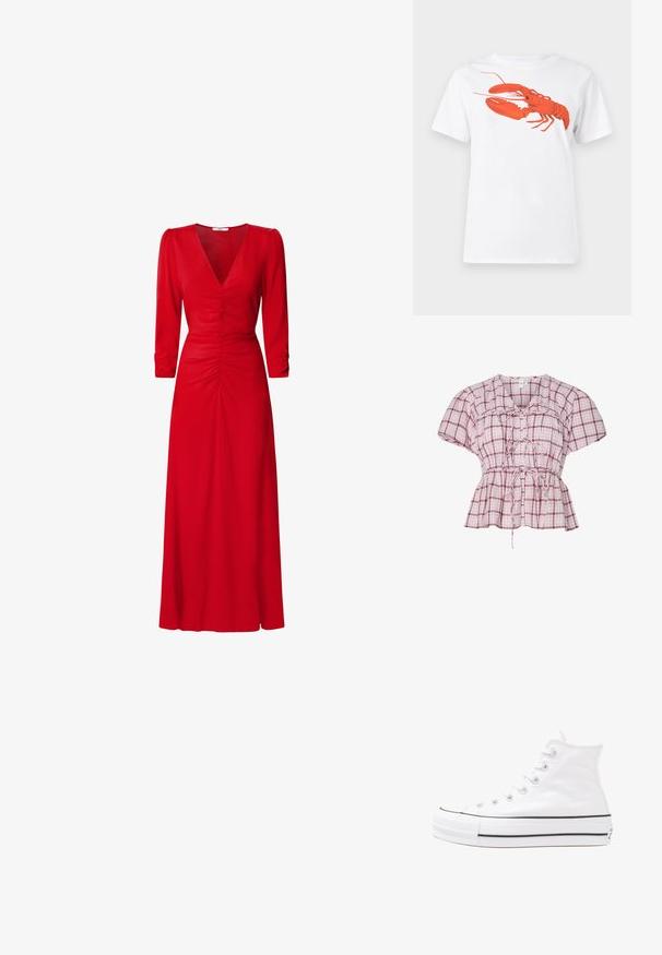 Lühikeste varrukatega peplum pluus helesinise ja valge ruudulise mustriga. Omab ees sidumisvõimet, kogub talje ümber ning on valmistatud pehmest puuvillast materjalist.; Valge puuvillane T-särk, mille ees on suur erkpunane homaarigraafika. Lühikesed varrukad ja tavaline ümar kaelus.; Punane kleit V-kaelusega, kolmeveerandvarrukatega ja kokku tõmmatud detailidega vöökoha ja selja juures. Kangas näib olevat sile ja kerge.; Valge kõrgem kangast tenniseking, millel on must kummist tald, ees kummist varvasetugi ja kuus aukku paelte jaoks, pakkudes puhta ja minimalistliku disaini.; Punane nahast käekott, millel on nurkadega geomeetriline disain. Omab ühte reguleeritavat rihma ja klappidega sulgemist, millel on õmblustega kaunistused.