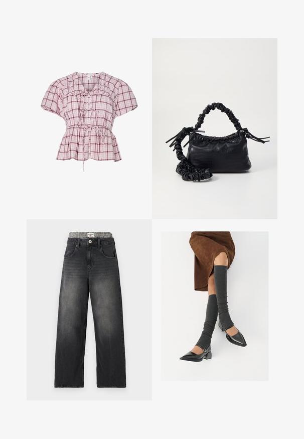 Peplum bluzica s kratkimi rokavi v svetlo roza in belih kariricah. Ima zavezan sprednji del, nabere na pasu in je izdelana iz mehkega bombažnega materiala.; Črne denim široke hlače z pasom v vzorcu houndstooth. Lastnosti vključujejo sprednje žepe in zapiranje na gumb. Imajo obrabljeno teksturo.; Črne lakirane čevlje s pointy prsti in blok peto ter z naramnicami za gleženj, ki jih kombiniramo s sivimi rebrastimi nogavicami in rjavim suknjičem iz usnja.; Črna torbica iz umetnega usnja s krokodilovo teksturo, z zvitim vrhom in zmečkano naramico. Zdi se mehka in kompaktna v oblikovanju.