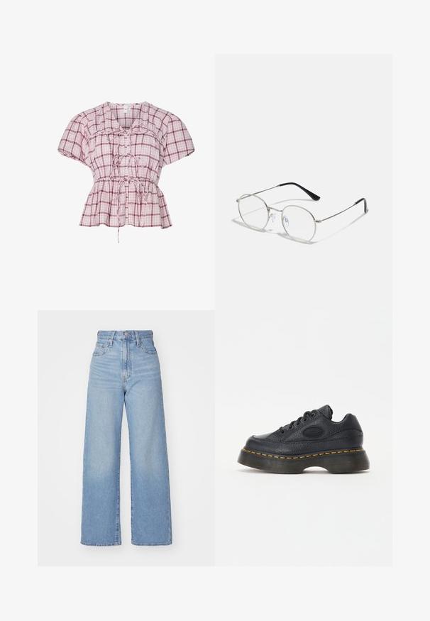 Šviesiai rožinė ir balta languota peplum tipo bliuska su trumpomis rankovėmis. Su kaklo raišteliu, susiraukšlėjimais liemens srityje ir minkšta medvilne.; Šviesiai mėlynos aukšto liemens plačios kojos džinsai su priekiniais užtrauktukais ir sagom, priekinėmis ir galinėmis kišenėmis, ant baltos fono.; Juoda odinė sportinė avalynė su tekstūruotu paviršiumi, apvaliu pirštu ir storu platforminiu padu. Pabrėžti geltoni siūlės akcentai ir ženklinta šoninė logo.; Apvalūs metaliniai akinių rėmeliai su plonu sidabriniu rėmu, skaidriais lęšiais ir juodomis šakutėmis, turinčiomis guminį antgalius patogumui. Minimalistinis dizainas.