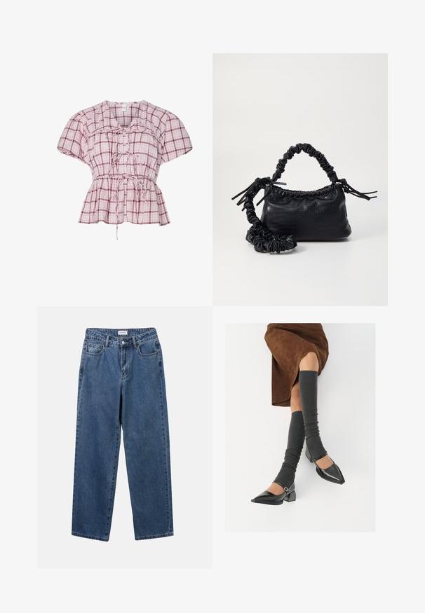 Peplum blūze ar īsajām piedurknēm gaisīgi rozā un baltā kvadrātā. Iespējo priekšējais sasiešanas elements, savelcējs jostasvietā un mīksts kokvilnas materiāls.; Klasiskie zili džinsi ar taisnu kāju dizainu, pieciem kabatām un pogu aizdari. Iezīmējas ar vidēju mazgāšanu un izturīgu tekstūru.; Melnas laka ādas apavi ar norādītu purngalu, blokveida papēdi un potīšu jostu, saskaņoti ar pelēkām ribotām kāju sildītājām un brūnu zamšādas svārku.; Melnā mākslīgās ādas rokassoma ar krokodila rakstu, savilkta augšdaļa un saburzīta siksna. Izskatās mīksta un kompakta pēc dizaina.