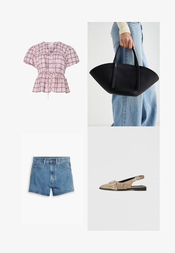 Peplum bluzica s kratkimi rokavi v svetlo roza in belih kariricah. Ima zavezan sprednji del, nabere na pasu in je izdelana iz mehkega bombažnega materiala.; Jeans kratke hlače v svetlo modri barvi, z povezavami za pet žepov, zadrgo in gumbom. Rob je razfrcan, oblikovane so v sproščenem kroju.; Bež čevlji na peto s patentirano površino, s poudarjenim nosom, dvema nastavljivima zaponkama in nizko črno peto. Gladka tekstura z lesketajočo površino.; Črna usnjena torbica z edinstveno obliko ventilatorja, z ravnimi ročaji. Površina ima teksturo z drobnimi kamni in minimalističen dizajn.